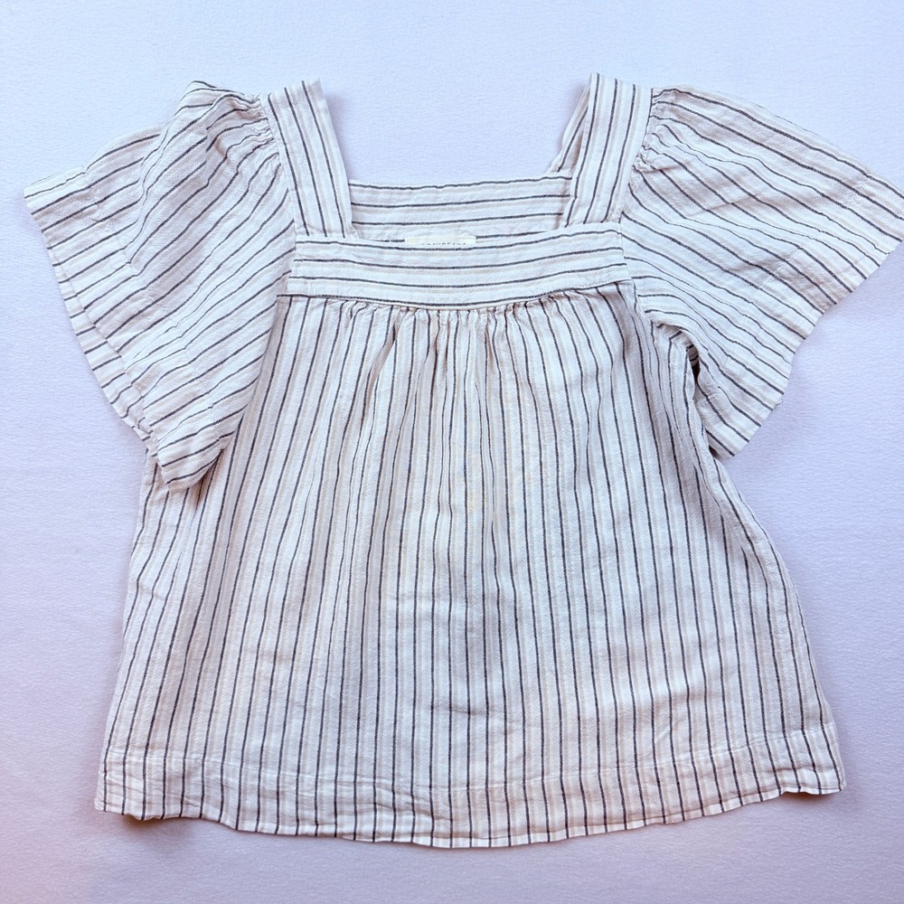Ecothreads Flutter Sleeve Top Womens Medium Cream Stripe Linen Blend Cottagecore
